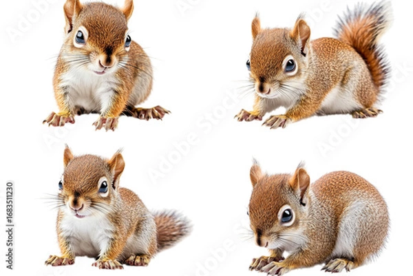 Fototapeta Four adorable baby squirrels posed and ready for your creative projects