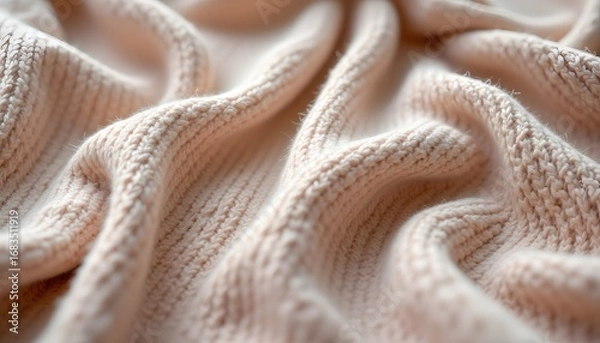 Fototapeta The close up image depicts a luxurious cashmere knit sweater, showcasing the soft and plush wavy folds of the material