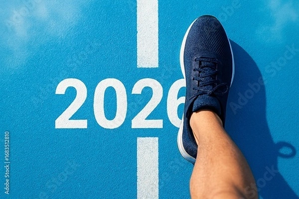 Fototapeta Runner foot on blue track with 2026 number, symbolizing future goals, progress, motivation and success