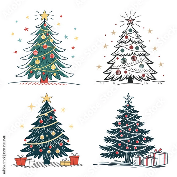 Fototapeta Set of green Christmas tree vector illustrations decorated with snowflakes, stars, and other festive holiday