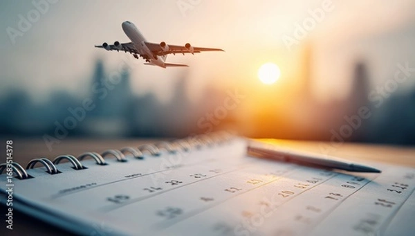Fototapeta Airplane over a calendar at sunrise