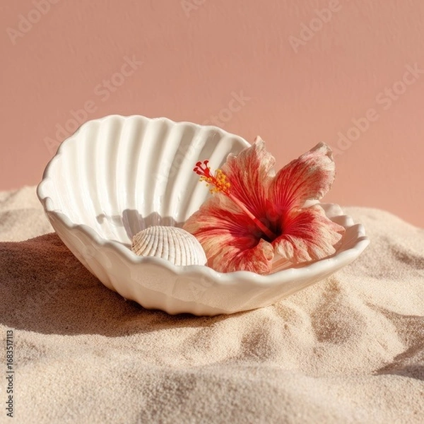 Fototapeta Shell-shaped dish with hibiscus and seashell.  A small, off-white, ceramic, shallow dish, sculpted like a seashell, sits on a bed of light beige sand.  