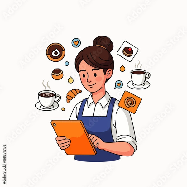 Obraz This illustration depicts a diligent cafe professional utilizing a modern tablet device amidst an inviting assortment of delightful pastries and hot beverages.