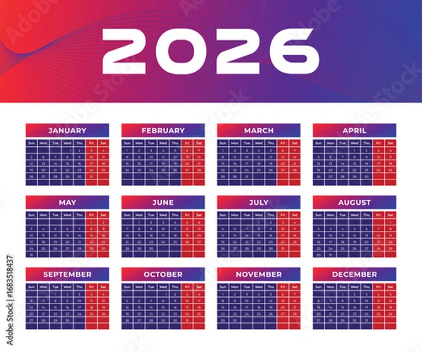 Fototapeta Trendy 2026 Calendar Colorful 12 Months Vector Design Printable Template Weeks Start with Sunday
