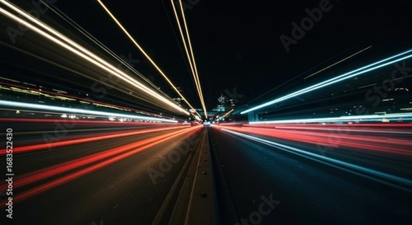 Fototapeta Dynamic streaks of light illuminate a city highway at night, showcasing the rapid movement of vehicles.