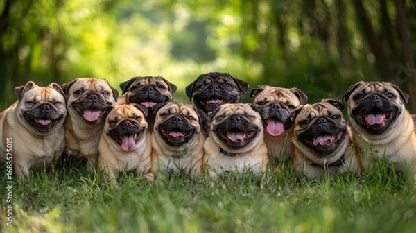 Fototapeta Group of pugs are smiling and posing for a picture. They are all lined up and appear to be happy