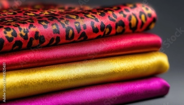 Fototapeta Stack of vibrant fabrics in rich red, gold, and fuchsia, patterned with a leopard print