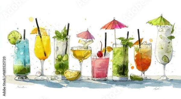 Fototapeta Colorful array of cocktails in various glasses (1)