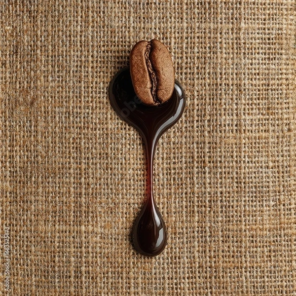 Fototapeta Single coffee bean atop a dark, viscous drip of liquid, on a natural burlap background