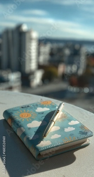 Fototapeta Teal-colored notebook with sun and cloud design, pen, and cityscape backdrop