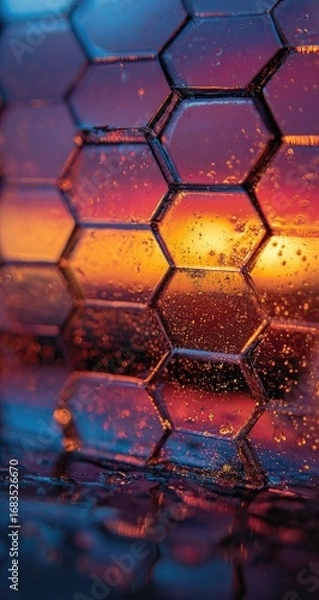 Fototapeta Hexagonal grid reflecting sunset