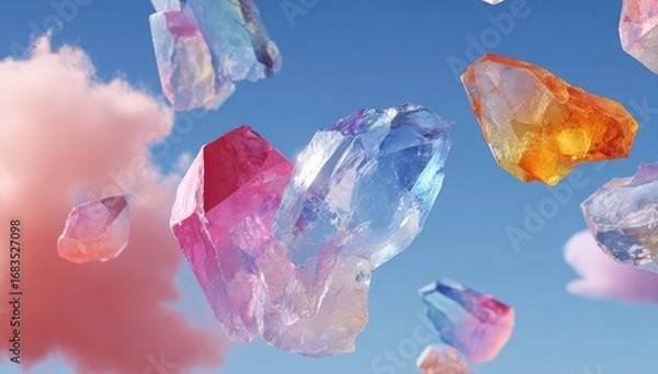 Fototapeta Colorful crystals levitate against a pastel sky and clouds