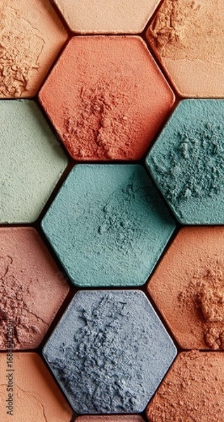 Fototapeta Hexagonal tiles of powdered pigments in various muted colors