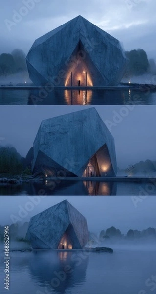 Fototapeta A modern, angular structure, seemingly a building or pavilion, situated on a body of water, with soft lighting.  Foggy, serene atmosphere