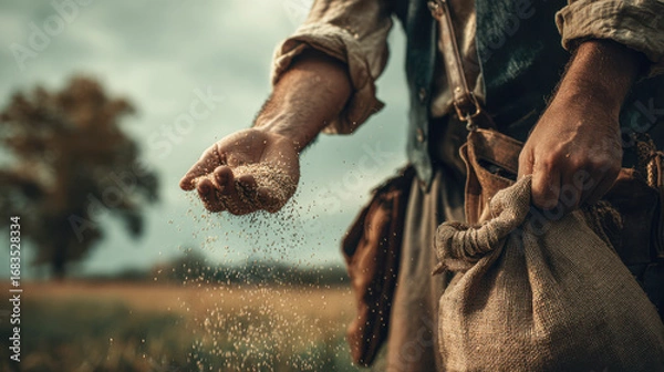 Fototapeta Close-up of vintage sower spreading seeds in a golden field on a cloudy day