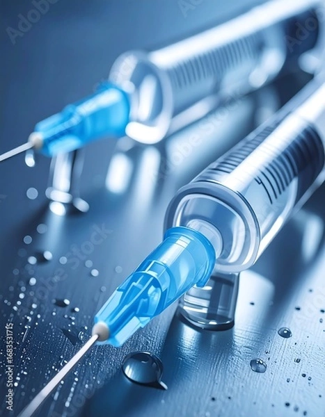 Fototapeta Two medical syringes, close-up, with a cool, clinical tone, detailed markings and blue components, sit on a surface with water droplets.