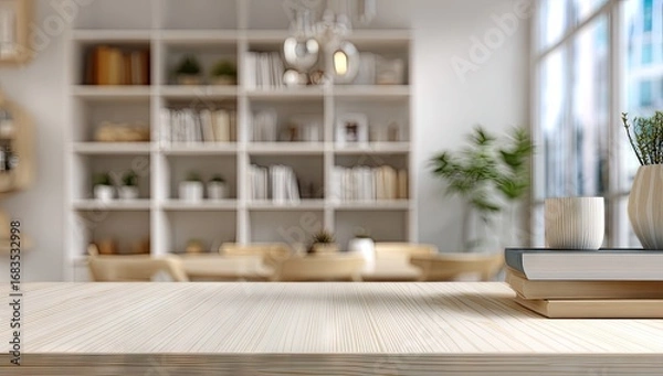 Obraz Empty wooden table top for product display with blurred modern home library background.
