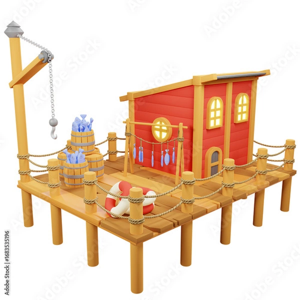 Fototapeta Red fishing houses on rafts in the middle of the sea - 3D render