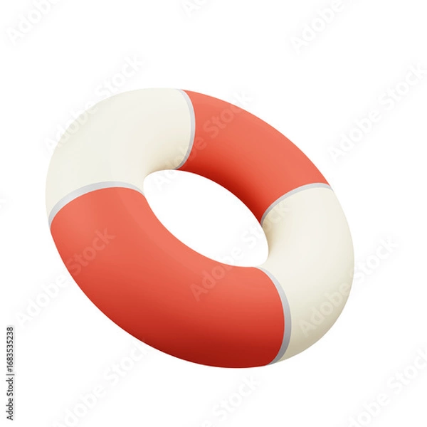 Fototapeta A bright red life buoy with a white rope is a symbol of safety and rescue, isolated on a white background - 3D render