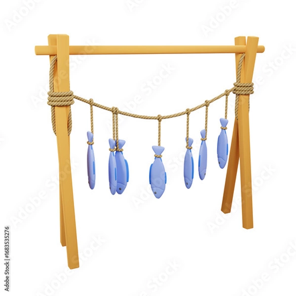 Fototapeta Fish drying rack, Fish being dried on the rope - 3D render