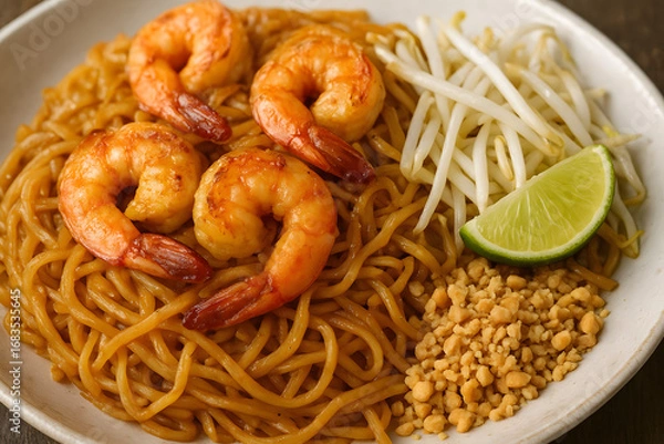 Fototapeta Pad Thai Udang dengan Toge, Kacang, dan Jeruk Nipis