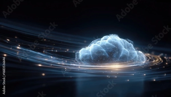 Obraz Abstract cloud graphic, digital design.  A light-blue, 3D cloud form, seemingly composed of connected points,  is centered in a swirling.