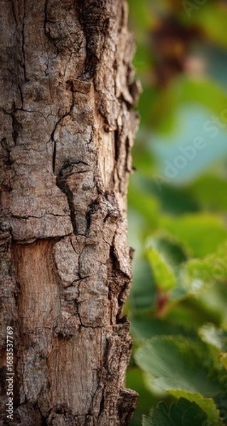 Fototapeta Close-up of tree bark with textured surface,  showing cracks and variations in tone.  Blurred green foliage in the background
