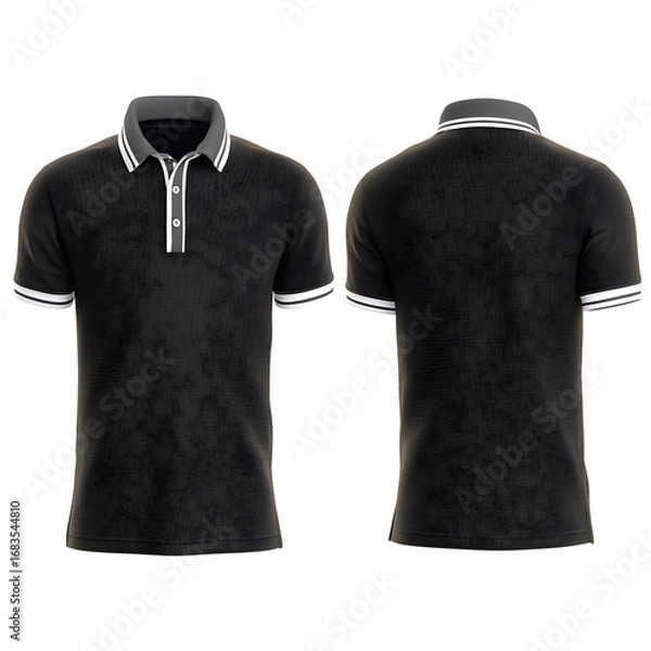 Obraz Classic black polo t-shirt with elegant design details on the collar and sleeves. Isolated front and back view for apparel branding and mockups