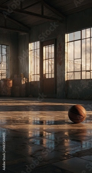 Fototapeta Sun-drenched, abandoned indoor basketball court.  Empty, weathered space with large windows, a single basketball sits on the reflective floor