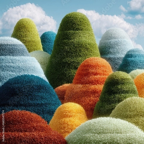 Fototapeta Colorful, textured hills against a bright sky.  Soft, fuzzy peaks in a range of vibrant hues, from greens and yellows to blues and oranges.