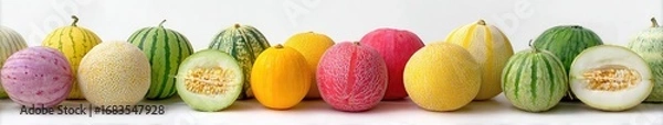 Obraz A variety of colorful melons and watermelons arranged in a horizontal row against a plain white background.  Various shades of yellow, pink, red, and green melons are displayed.