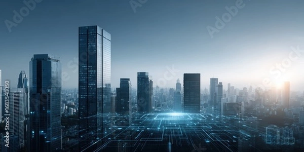 Obraz Smart City Tech: Futuristic Skyline and Data Network