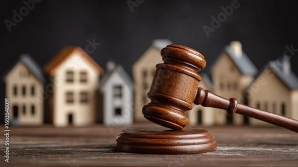 Fototapeta Property Auction: Wooden gavel resting on its block, set against miniature model houses. Symbolizing real estate law and transactions.