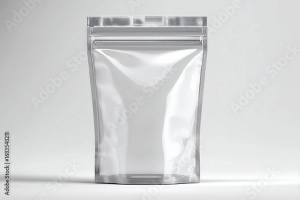 Fototapeta Blank crystal clear food package with stand-up design and sealed edges, versatile transparent packaging mockup suitable for dry goods, cosmetics, supplements and minimalist branding applications requi