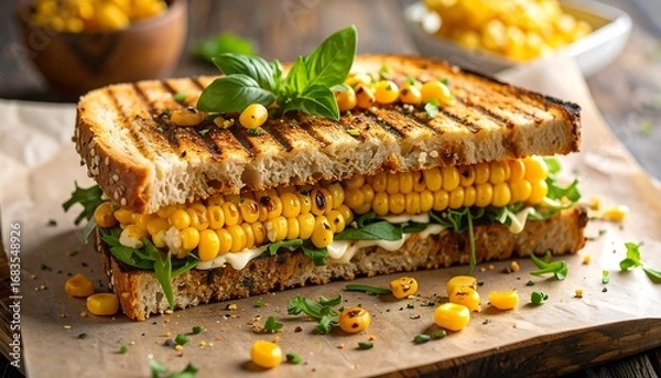 Fototapeta A delicious grilled corn sandwich, showcasing golden kernels nestled between toasted bread slices, topped with fresh herbs and a creamy spread, presented on rustic parchment paper.