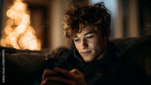 Fototapeta Young man engrossed in his smartphone with a cozy warm bokeh background reflecting modern digital engagement in an evening setting