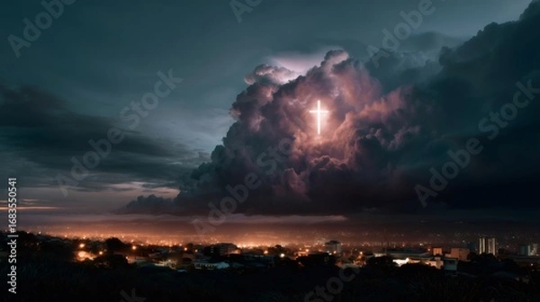 Fototapeta Radiant cross shining through dramatic storm clouds above a cityscape at dusk, embodying hope and faith while illuminating the darkness with a divine glow