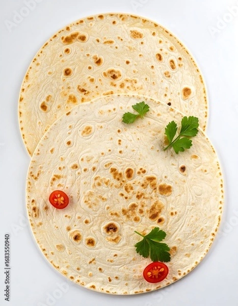 Fototapeta Two round flatbreads, adorned with fresh parsley and cherry tomatoes, sit stacked atop one another against a bright background.