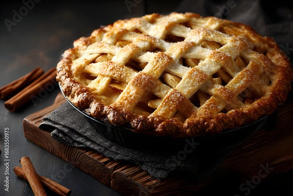 Fototapeta An apple pie on a wooden board, with cinnamon sticks beside it.