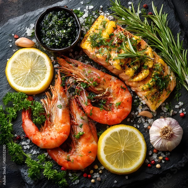 Fototapeta Baked salmon and grilled shrimp with lemon and herbs on a dark slate platter.