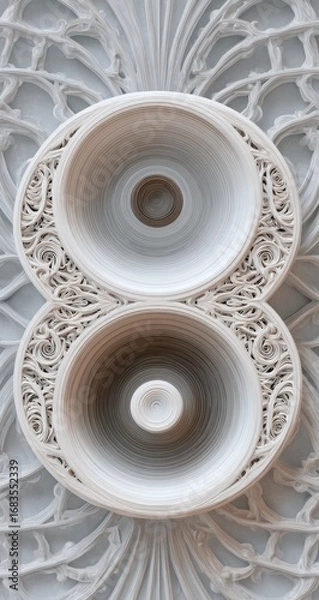 Fototapeta Ornate, symmetrical design of two concentric circles, detailed with carved, light beige, repeating patterns.  The circles are set against a background of similar, lighter beige and gray, intricate.