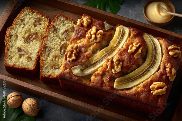 Fototapeta Banana nut bread loaf in a wooden tray, sliced, with walnuts and honey