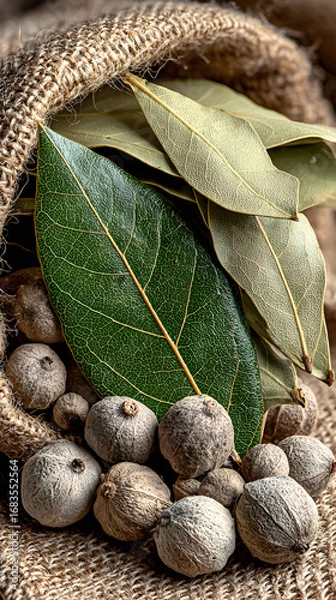 Fototapeta Bay leaves and allspice berries in a burlap sack.