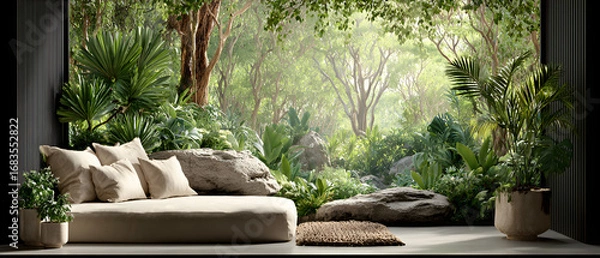 Fototapeta Beige couch with pillows positioned in front of a large window showcasing a lush green garden.