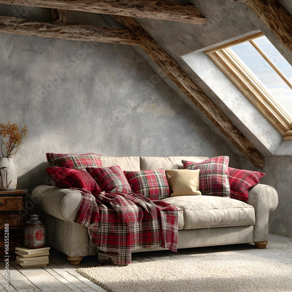 Fototapeta Beige sofa with red and cream pillows and throw blanket in an attic room with exposed wooden beams.