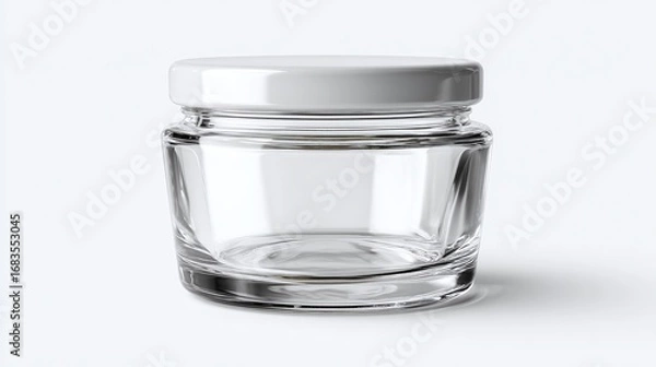 Fototapeta A simple glass jar with a white lid, isolated against a white background, showcasing its clean and modern design for cosmetics or food storage.