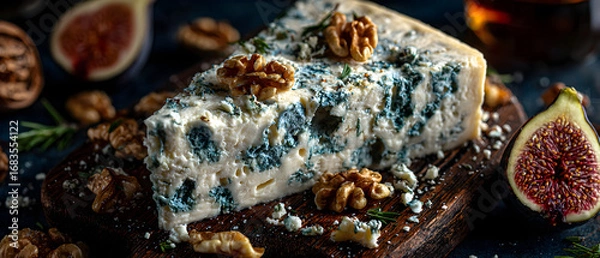 Fototapeta Blue cheese with figs and walnuts on a dark surface.