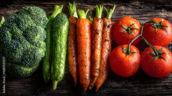 Fototapeta Broccoli, cucumber, carrots, and tomatoes arranged on a dark wooden surface.