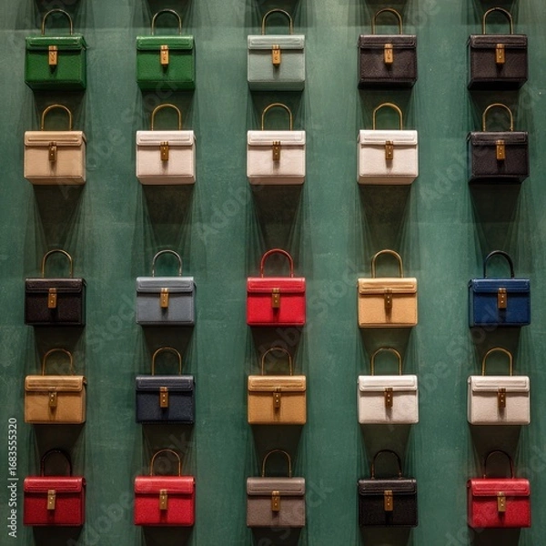 Fototapeta Small, structured handbags in various colors, displayed in a grid pattern against a teal backdrop