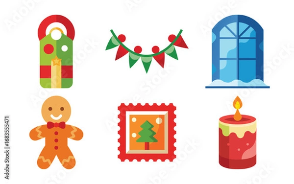 Fototapeta Vector art of collection of christmas icons including a lantern, bunting, window, gingerbread man, stamp, and candle